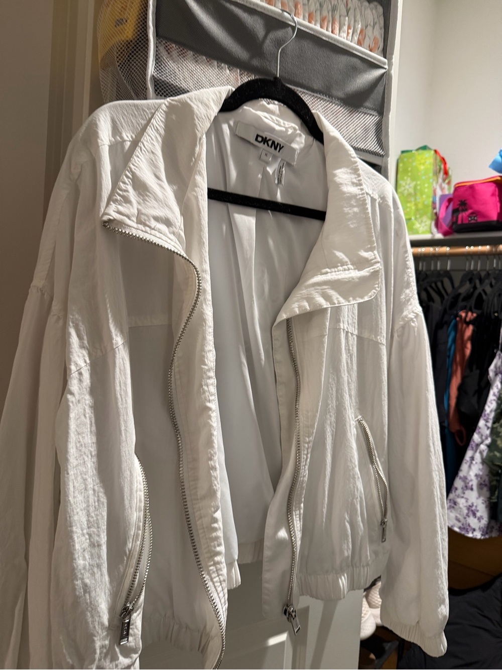 DKNY White Bomber Jacket with Zip Pockets